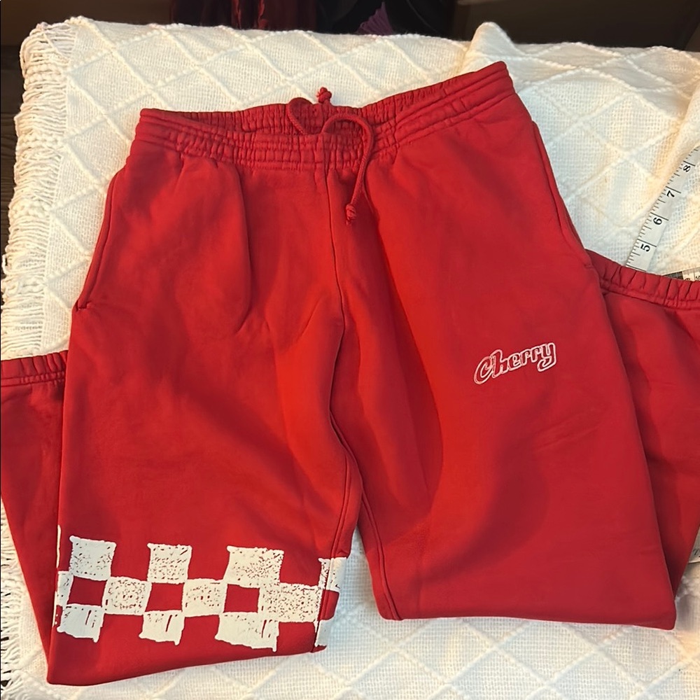 Cherry LA Red Track Pants with White Checkered Design